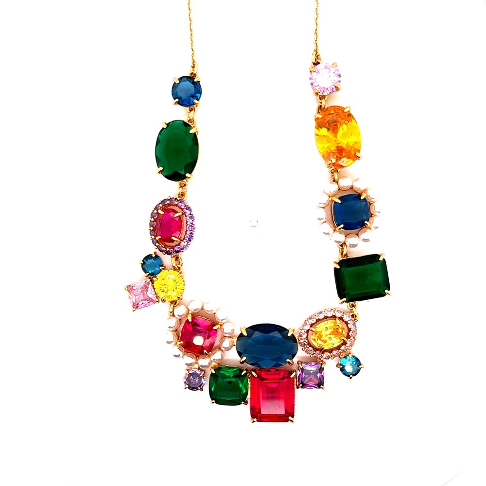 Kate Spade Multi Color Crystal Pearl Statement Necklace Gold Tone Adjustable